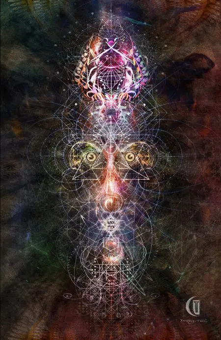 Masque géométries sacrées Tableau réalisé par Ymagyne à la Cabane à Tattoo